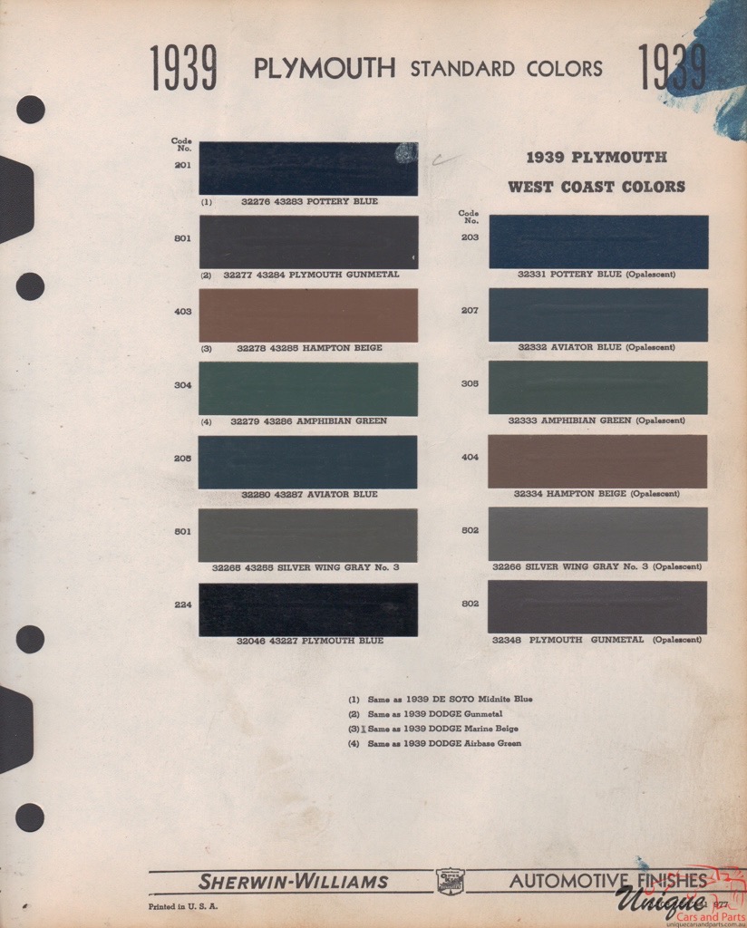 1939 Plymouth Paint Charts Williams 1